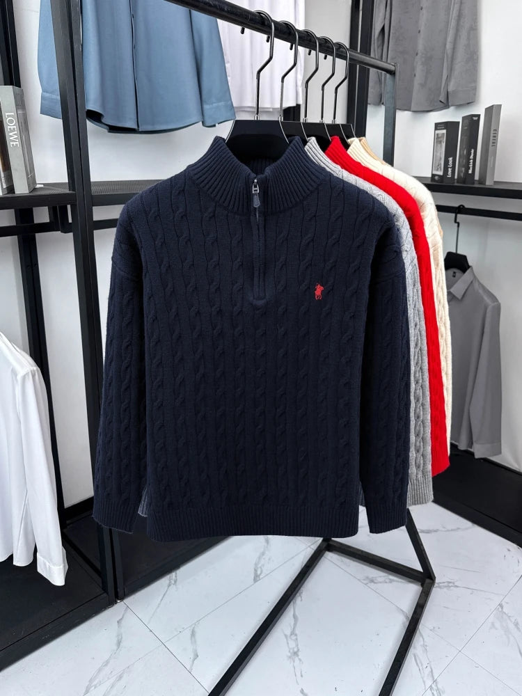 Men's Embroidered Cable Knit Quarter Zip Sweater