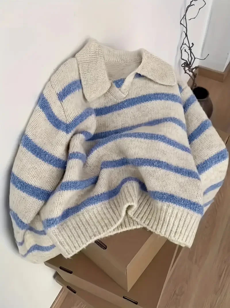 Women's Striped Polo Collar Pullover Sweater Casual Knit Layer