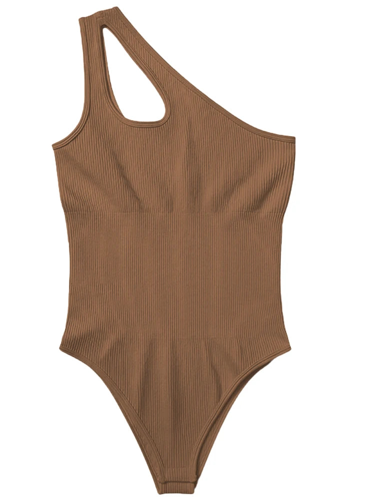 Women's One Shoulder Ribbed Nylon Blend Bodysuit with Strap Cutout