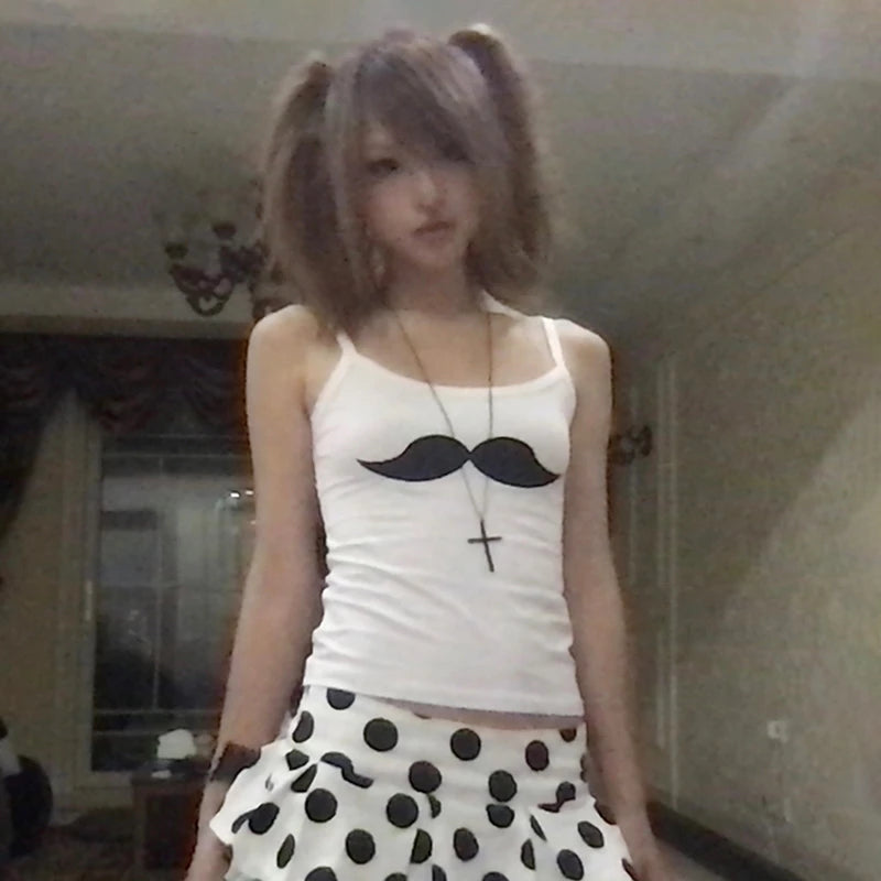 Women's Moustache Print Cotton Camisole with Thin Straps and Fitted Shape