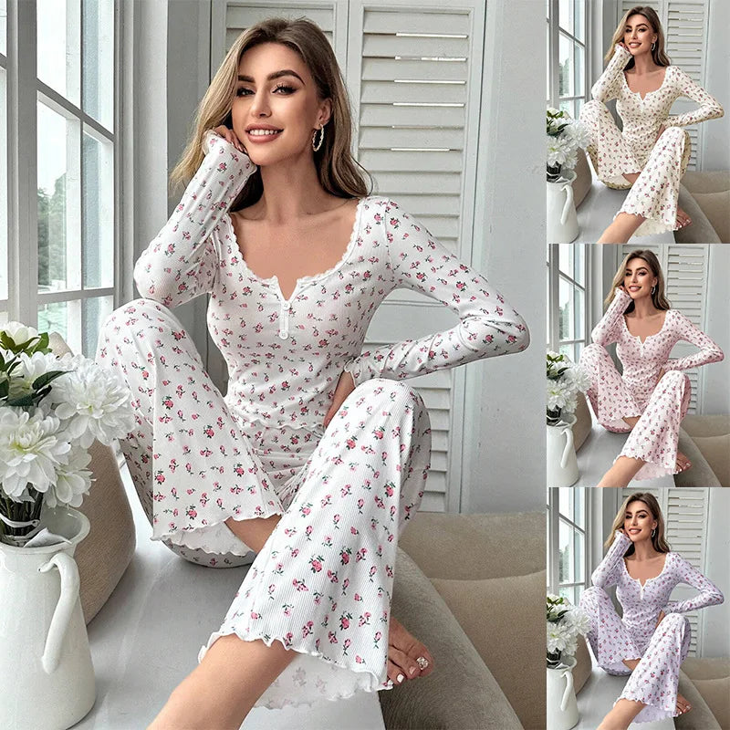 Women's Floral Textured Long Sleeve Pajama Set with Top and Pants