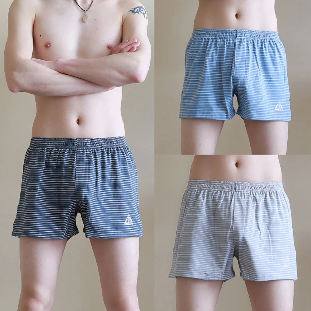 Men's Striped Elastic Waist Boxer Style Sleep Shorts