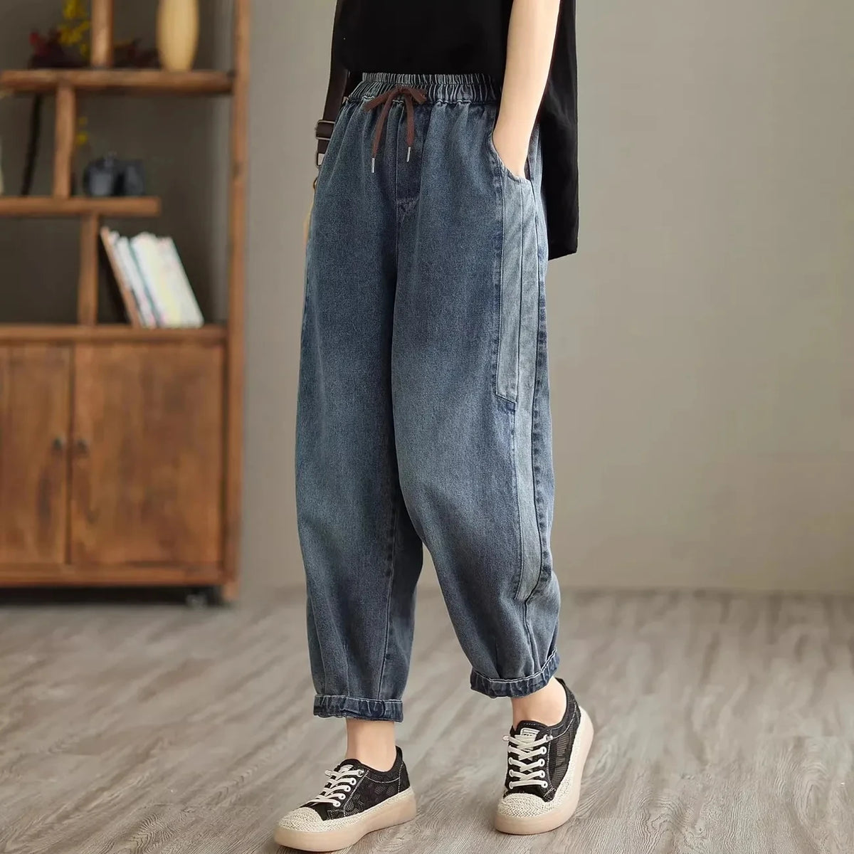 Women's Drawstring Elastic Waist Cropped Cuffed Denim Jeans