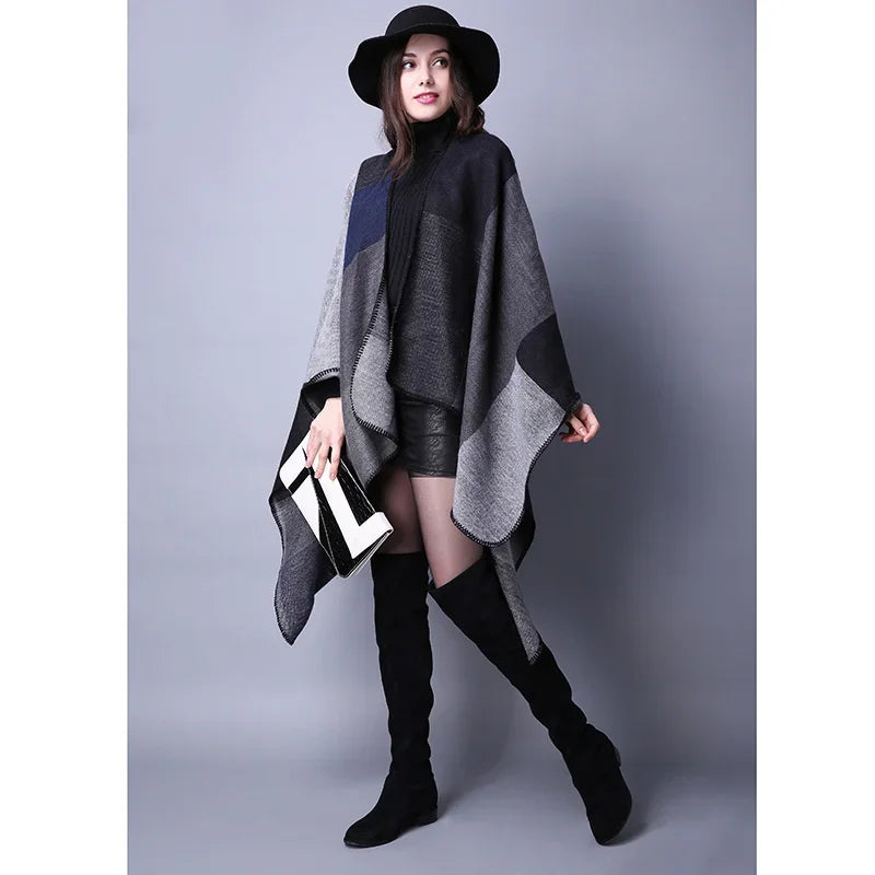Patterned Fringed Open Front Poncho for Layering over Outfits
