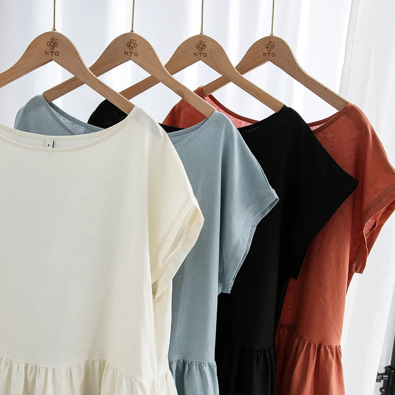 Women's Cotton-Linen Round-Neck Loose A-Line Midi Dress with Pockets for Summer Outfits