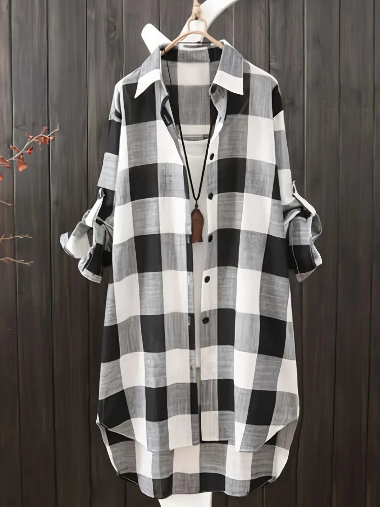 Women's Loose Checked Long Sleeve Collared Shirt