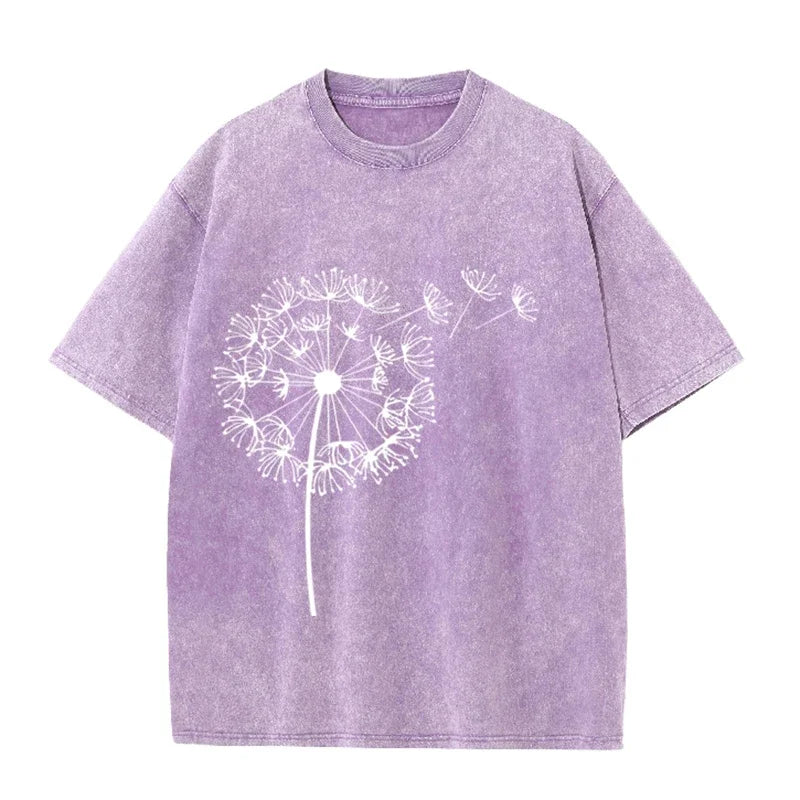 Dandelion Print Vintage Washed Brown T Shirt Casual Minimalist Streetwear Tee