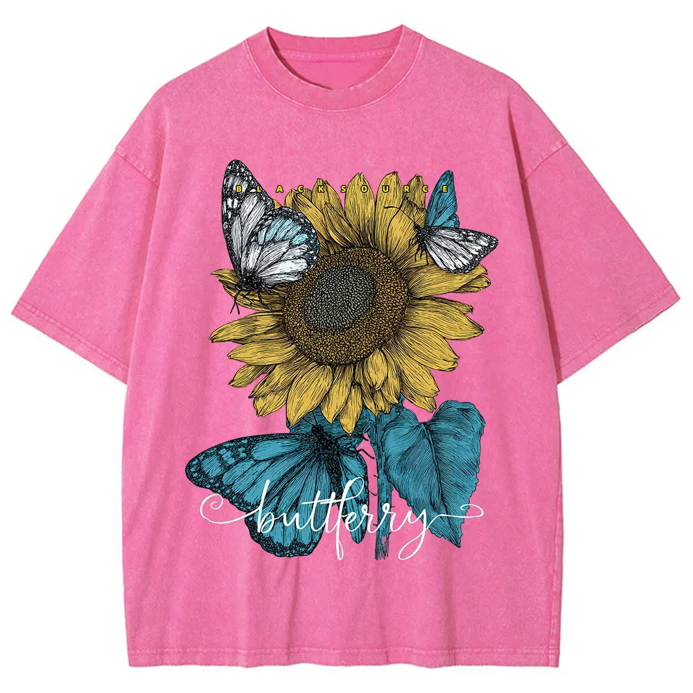 Sunflower Butterfly Print Cotton Oversized T-Shirt Women Summer