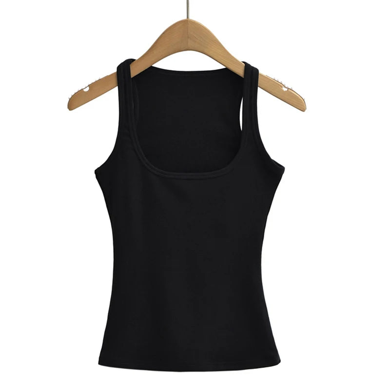 Women's U Neck Polyester Blend Tank Top with Ribbed Texture and Wide Straps