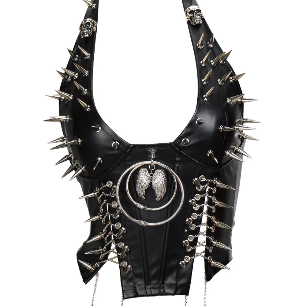 Women's Studded Crop Top with Decorative Spikes and Lace-Up Side Detailing