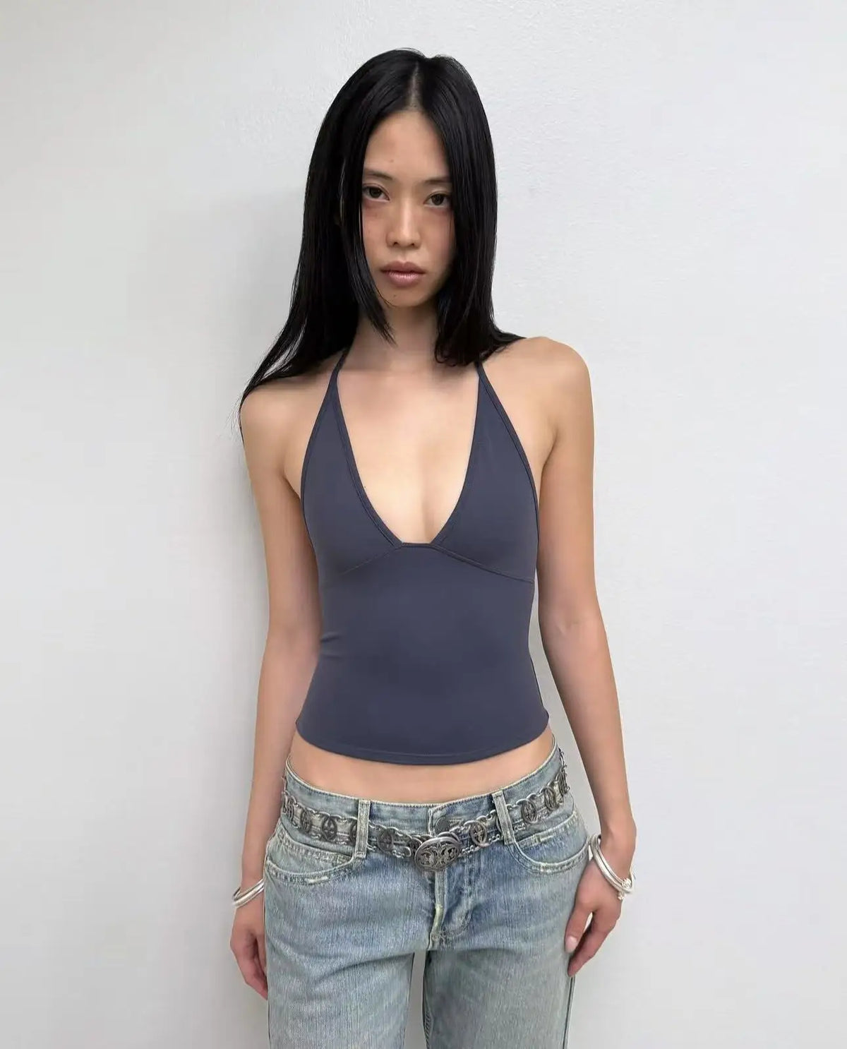 Women's Halter Neck Cotton Crop Top with Deep V Neck and Open Back