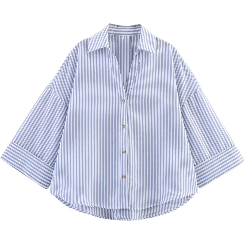 Women's Striped Wide Sleeve Cropped Button Front Shirt