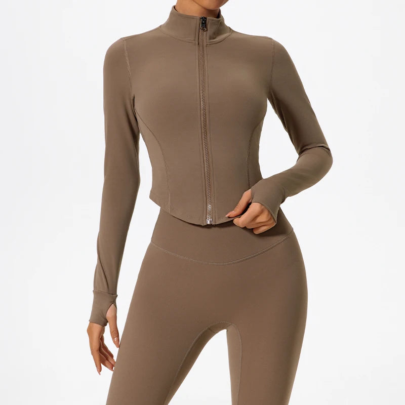 Women's Fitted Long Sleeve Zip Front Jacket For Workout Outfits