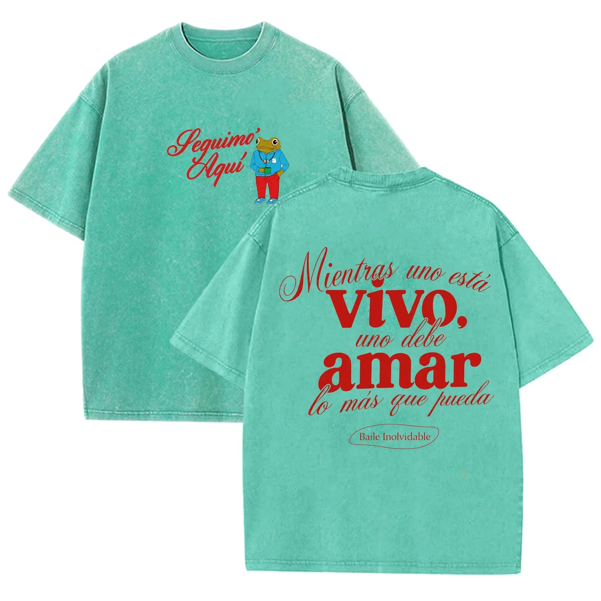 Vintage Washed Black Seguimo Aqui Frog Spanish Slogan Front Back Print Casual T Shirt