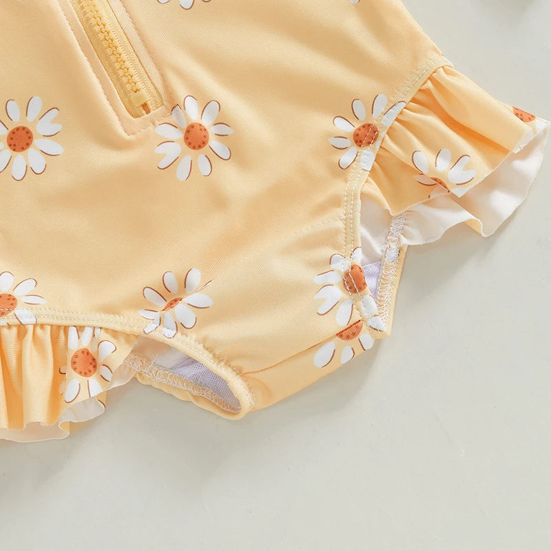 Baby Girls' Floral Long Sleeve Zip-Front Swimsuit with Hat