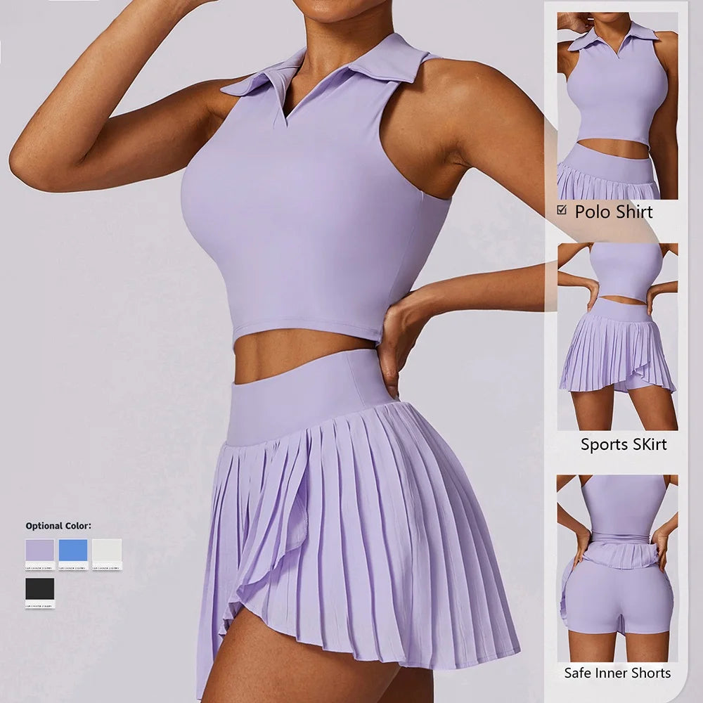 Women's Collared Crop Top and Skort Workout Set