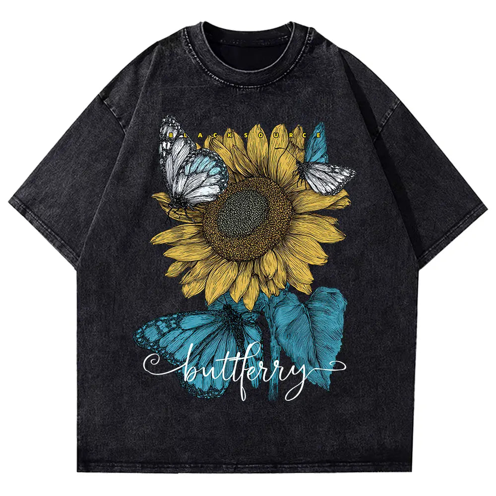 Sunflower Butterfly Print Cotton Oversized T-Shirt Women Summer