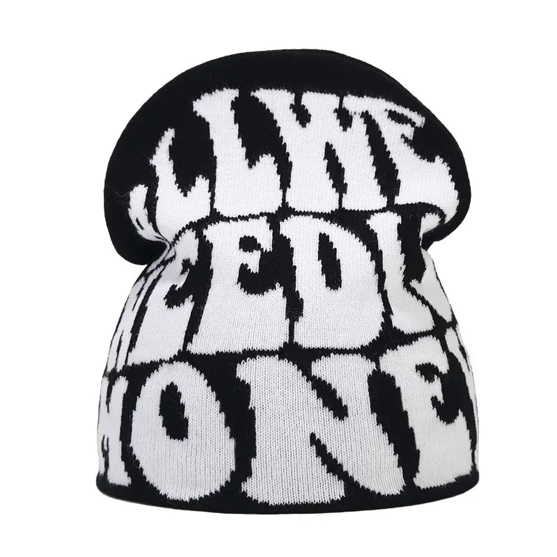 Graphic Knit Beanie with Letter and Pattern Style Options