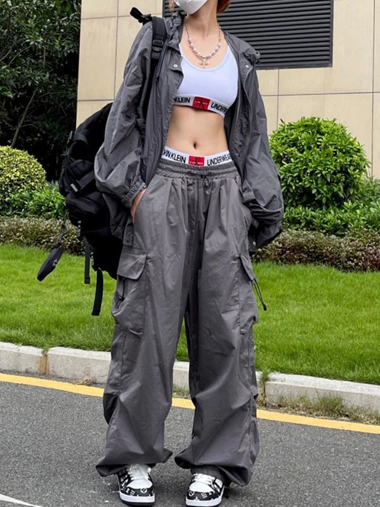 Women's Parachute Cargo Pants with Drawstring Waist and Side Pockets