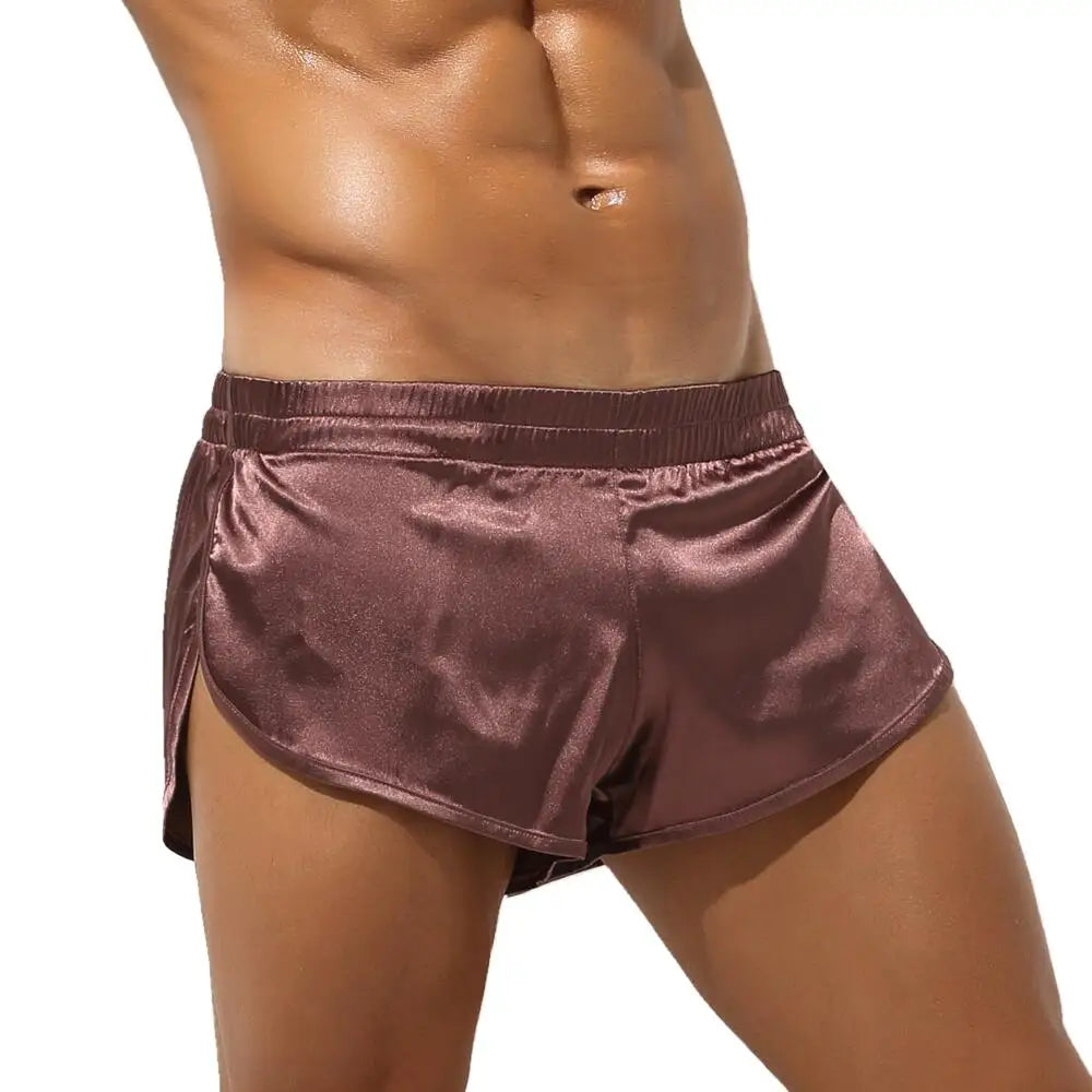 Men's Satin Look Split Hem Elastic Waist Sleep Shorts
