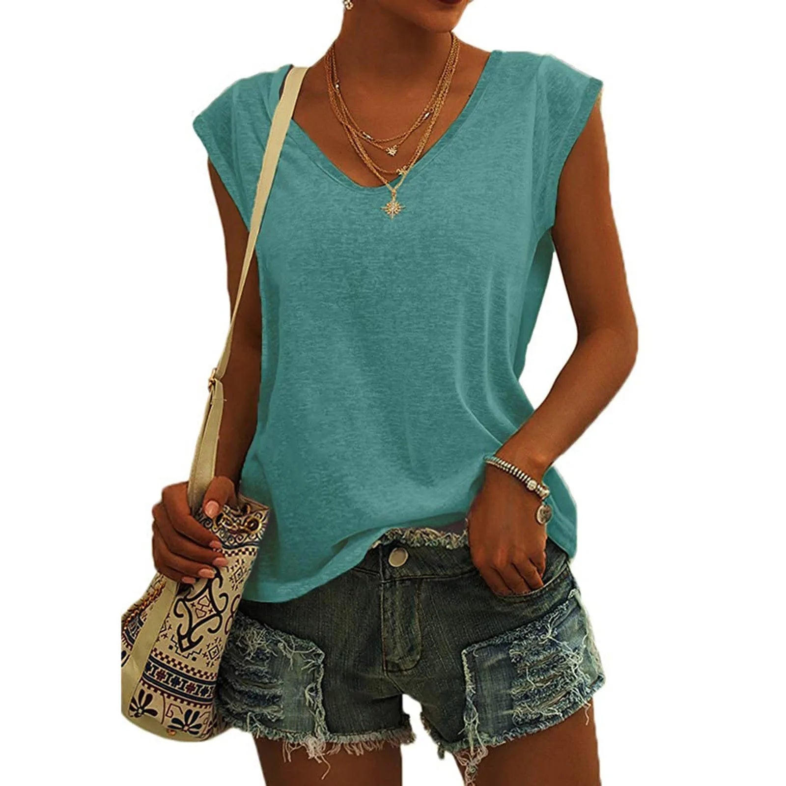 Women's V Neck Polyester Tank Top with Relaxed Sleeveless Cut