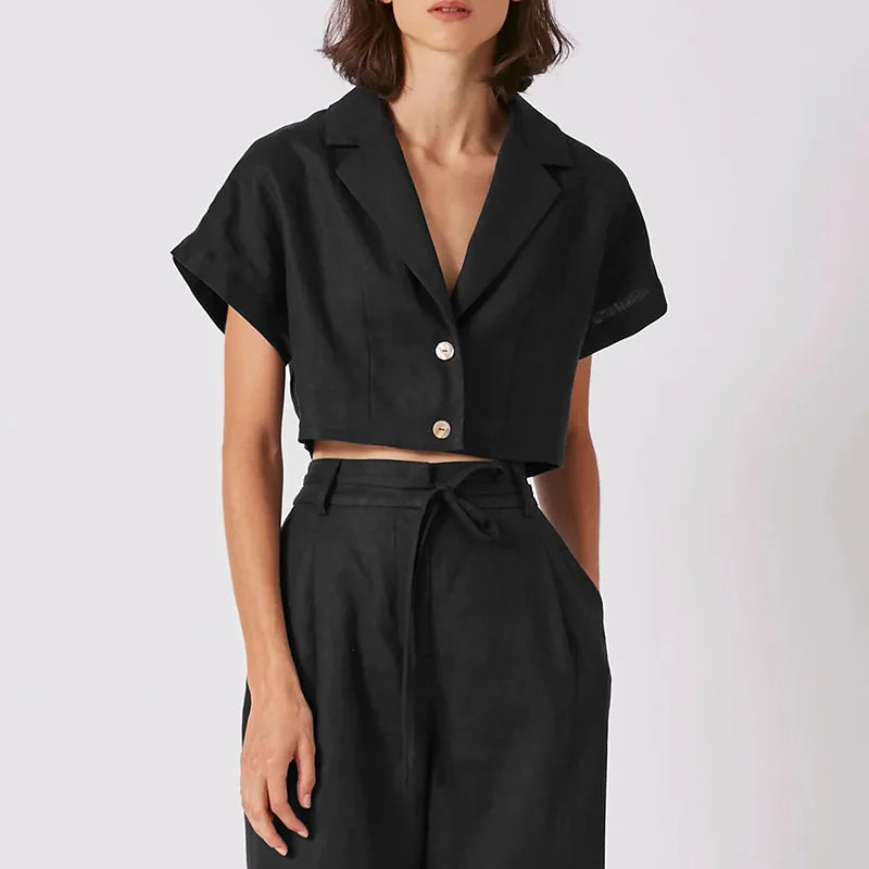 Women's Linen Notched-Collar Short-Sleeve Button-Up Cropped Shirt for Casual Summer Everyday Outfits