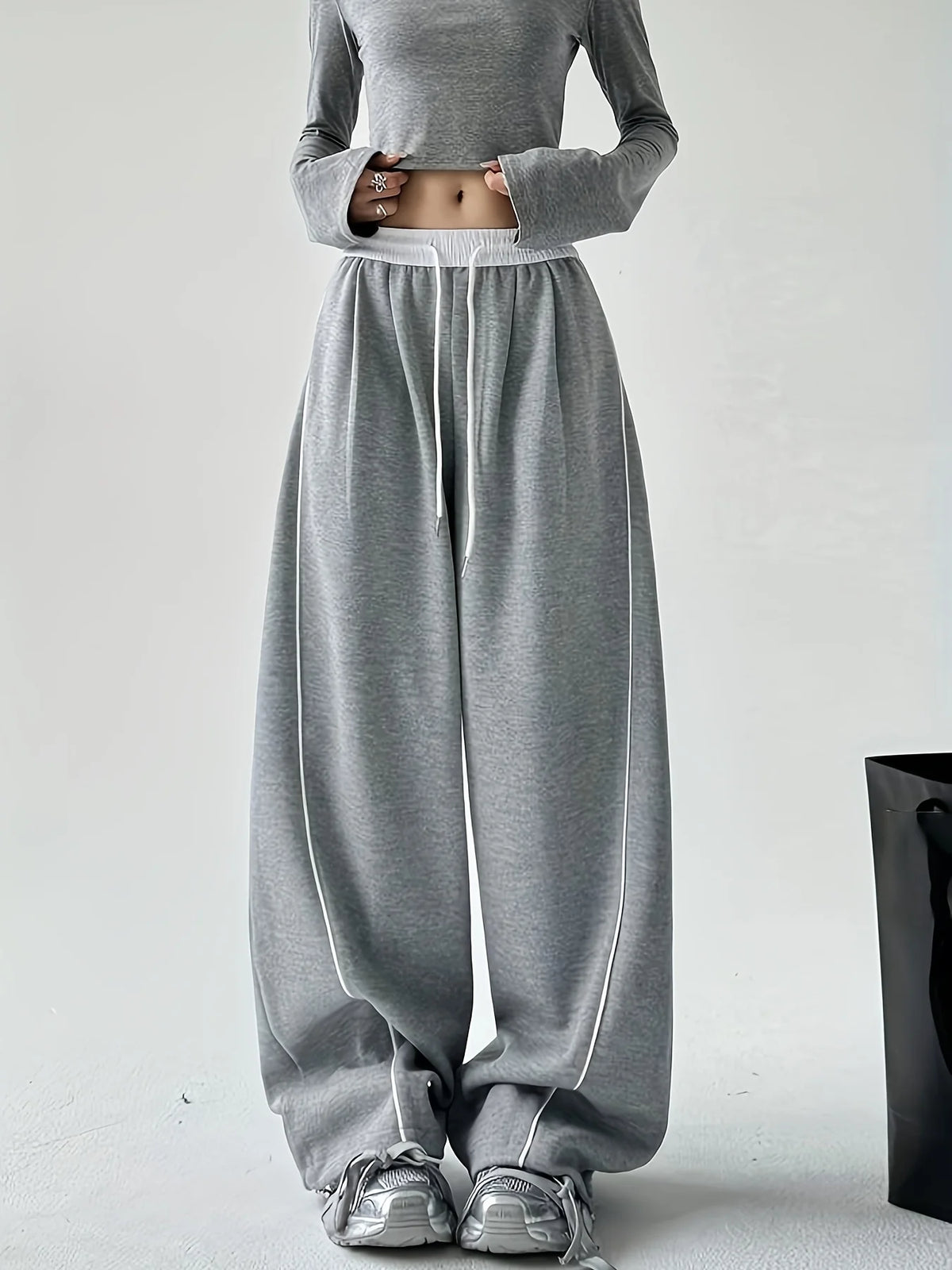 Women's Loose Wide Leg Pants with Contrast Stripe Style Options