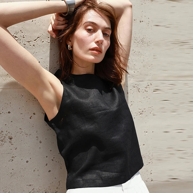 Women's Linen Sleeveless Cropped Tank Top with Button Detail for Casual Outfits