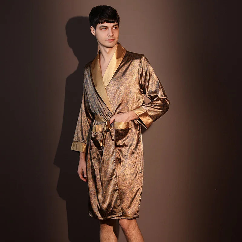Men's Printed Long Sleeve Tie Waist Lounge Bathrobe