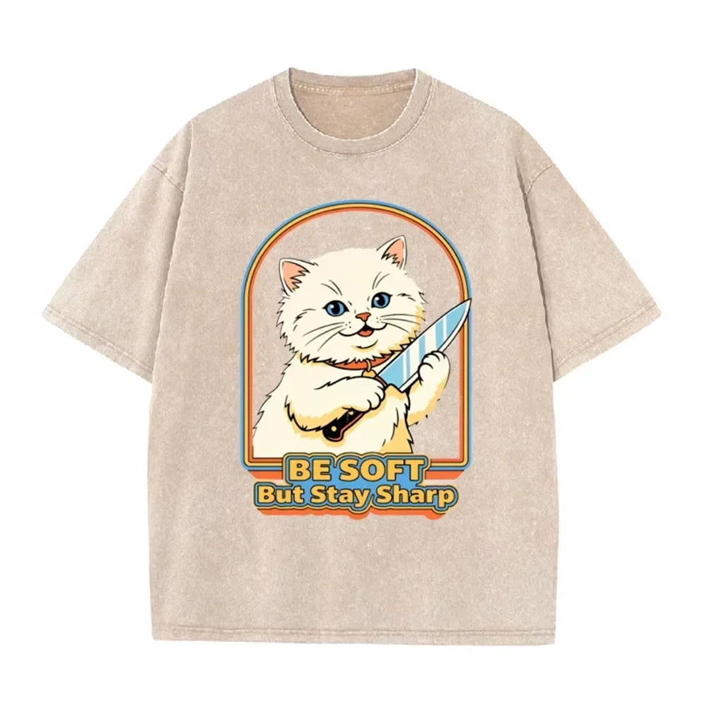 Vintage Washed Purple  Be Soft But Stay Sharp Knife Cat Retro Casual Graphic T Shirt