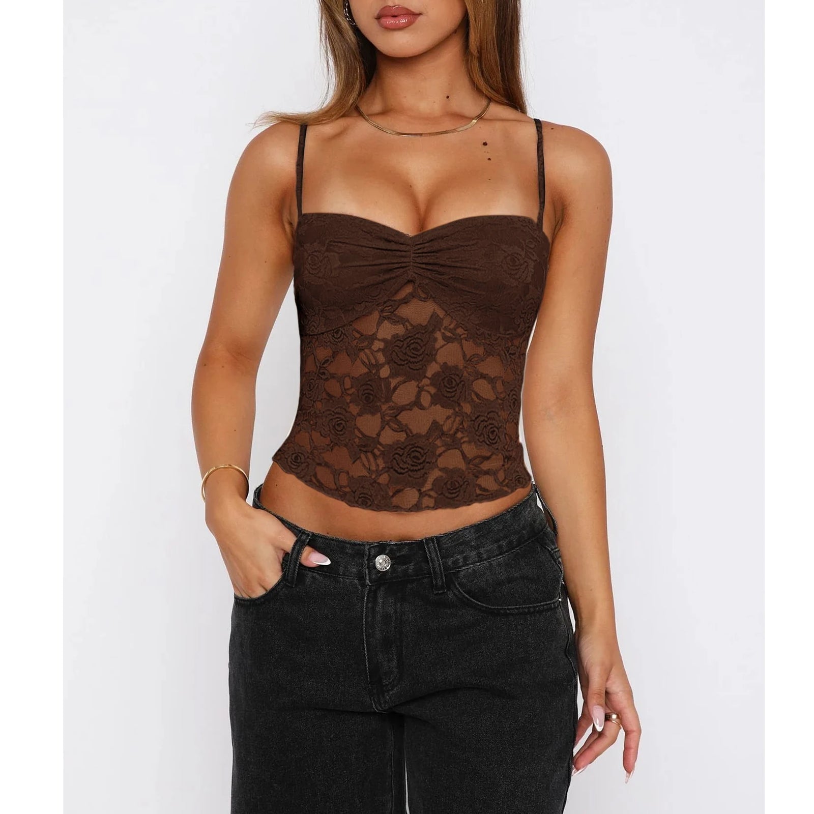 Women's Ruched Front Polyester Blend Lace Camisole with Thin Shoulder Straps