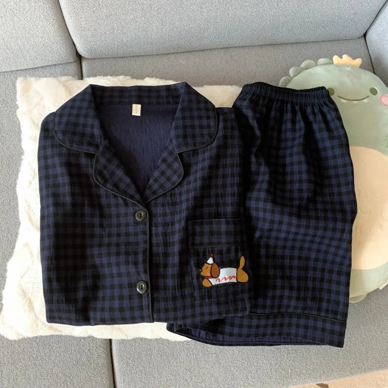 Women's Dog Motif Checked Button Front Pajama Set with Top and Shorts