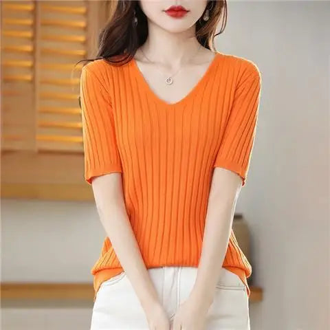 Women's V Neck Short Sleeve Sweater Casual Knit Layer