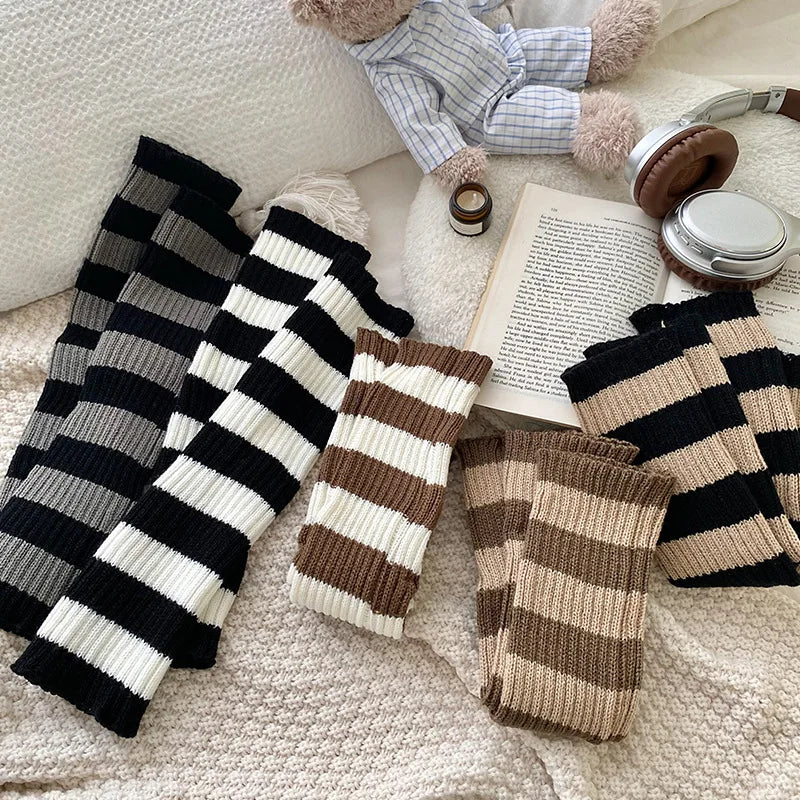 Striped Knit Calf Leg Warmers with Slouchy Shape