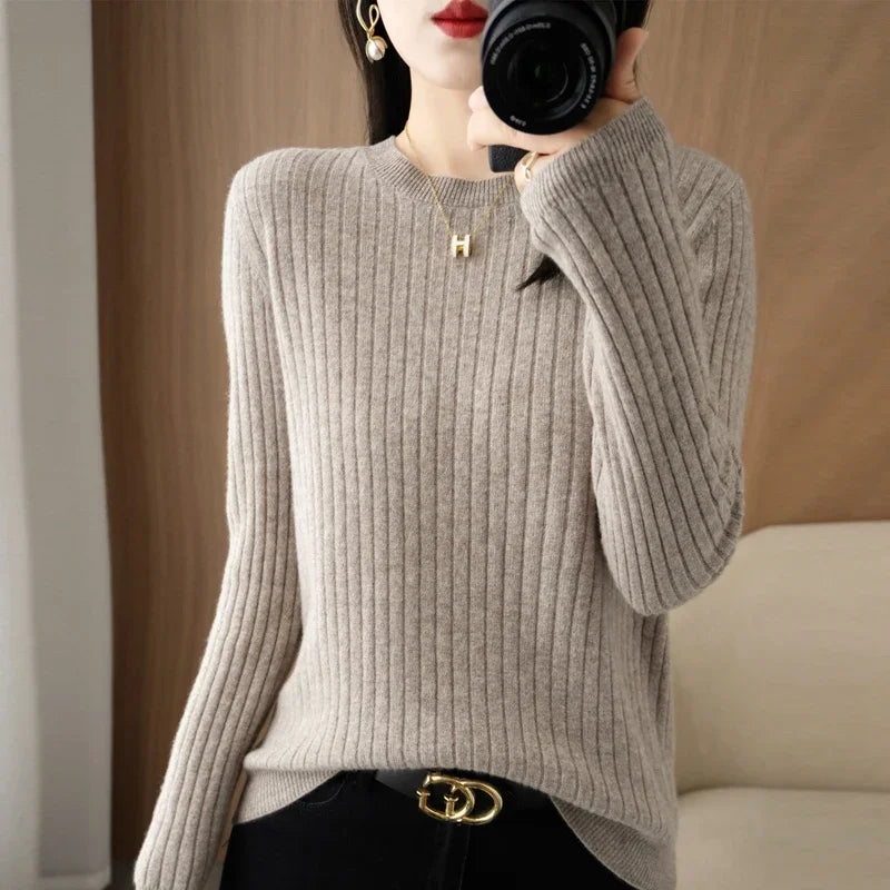 Women's Ribbed Crew Neck Long Sleeve Sweater Casual Knit Layer
