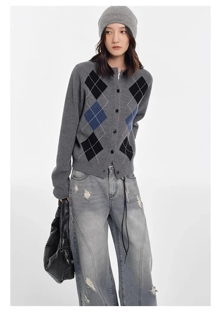 Autumn diamond-shaped cardigan women 100 pure cashmere sweater European high-end color-blocking knitted sweater coat