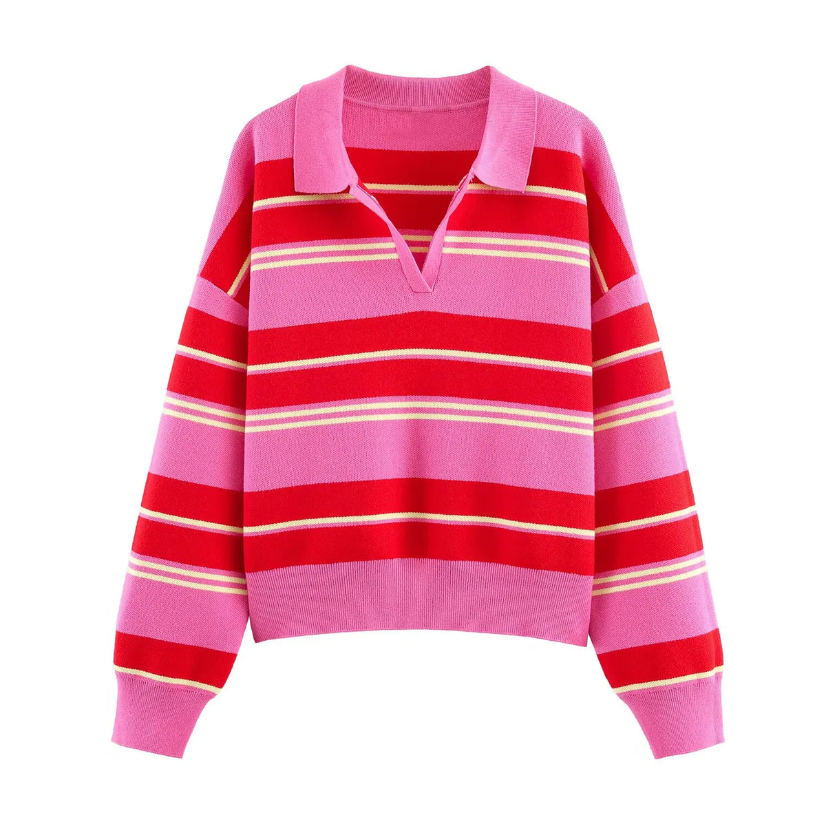 Women's Striped Polo Collar Loose Fit Sweater Casual Knit Layer