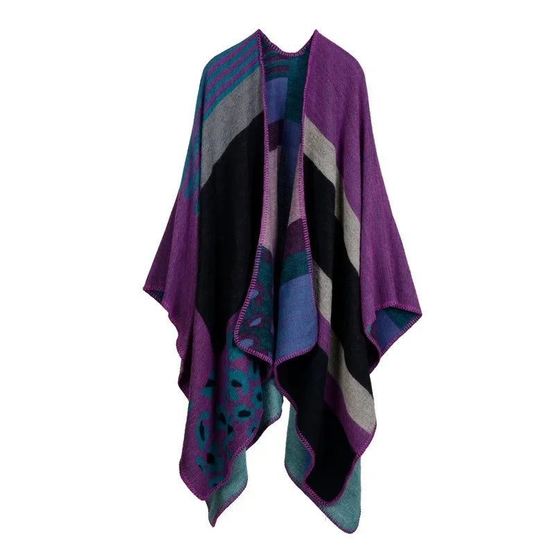 Patterned Fringed Open Front Poncho for Layering over Outfits