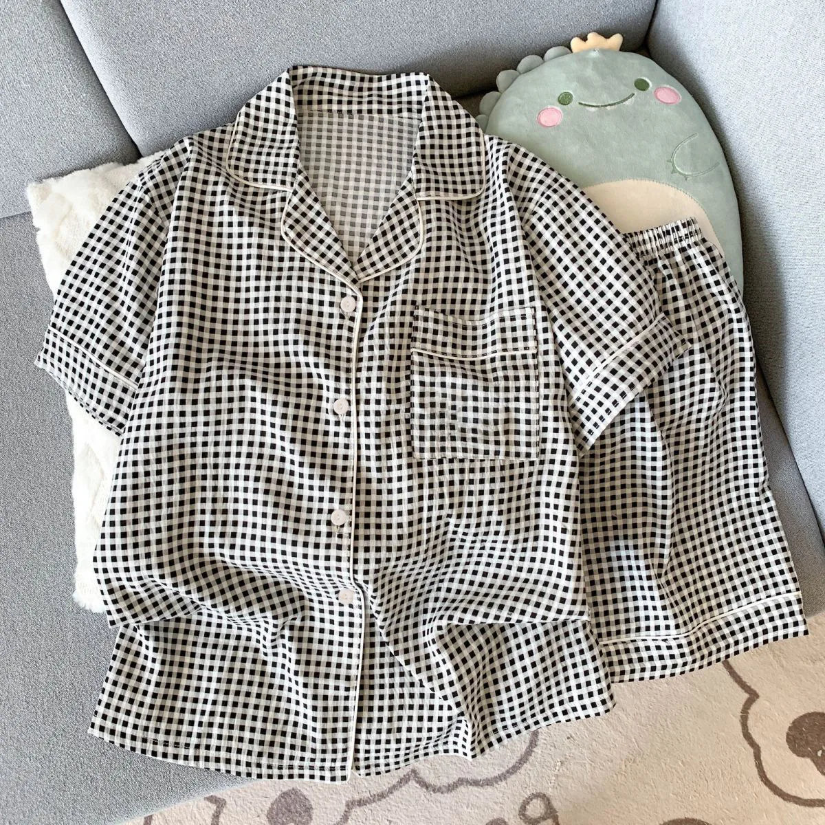 Women's Printed Short Sleeve Button Front Pajama Set with Top and Shorts