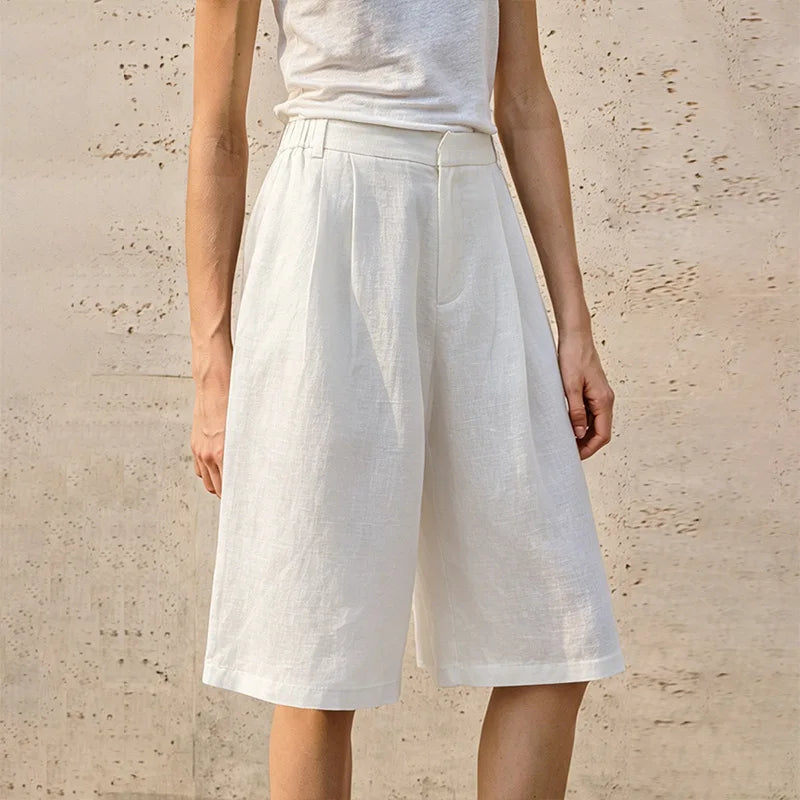 Women's Linen-Lyocell-Cotton High-Waist Loose Knee-Length Shorts with Side Pockets and Zipper Fly