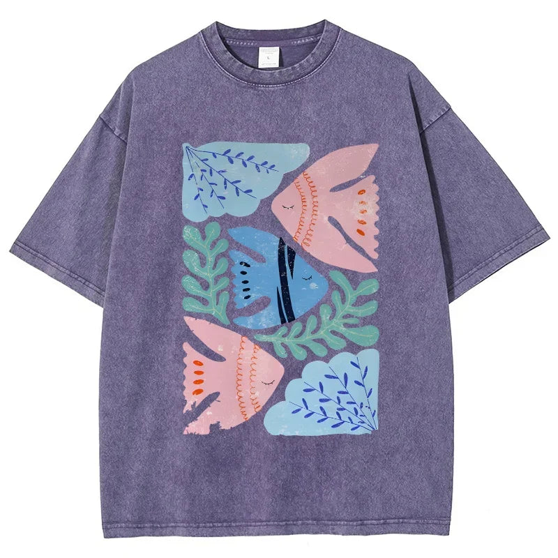Feng Shui Minimalist Cartoon Printed Men's T-shirt Large Loose T-shirt Casual Retro Washed Short Sleeved T-shirt