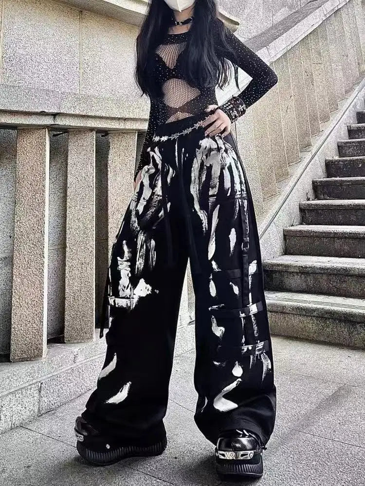 Women's Black Wide Leg Cargo Pants with Silver Painted Pattern