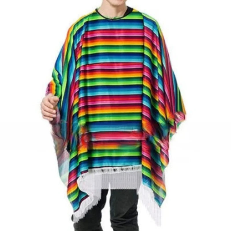 Rainbow Stripe Fringe Poncho for Layering over Outfits