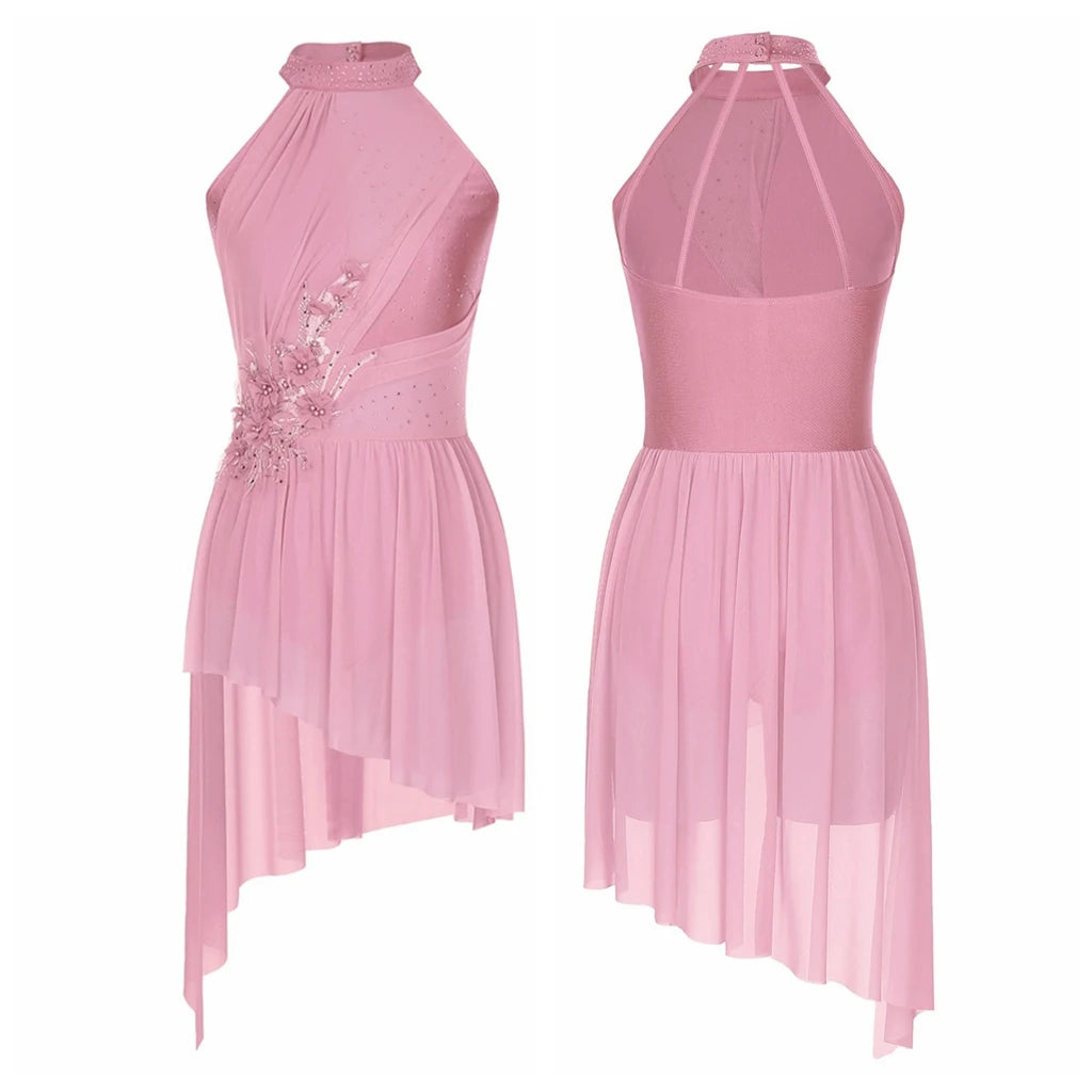 Women's High-Low Dance Dress with Mesh Panels and Skirt Overlay