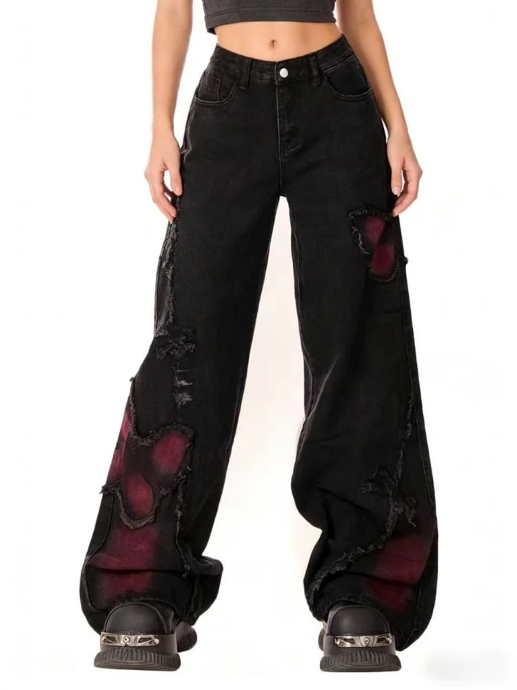 Women's Black Butterfly Graphic Wide Leg Denim Jeans
