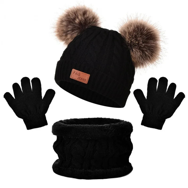Children's Pom-Pom Knitted Beanie Hat Scarf and Gloves Winter Accessory Set