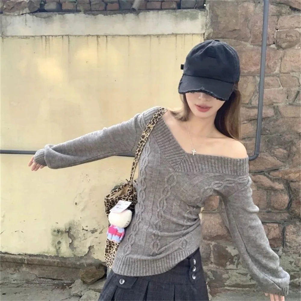 Women's Off Shoulder Cable Knit Sweater Casual Knit Layer