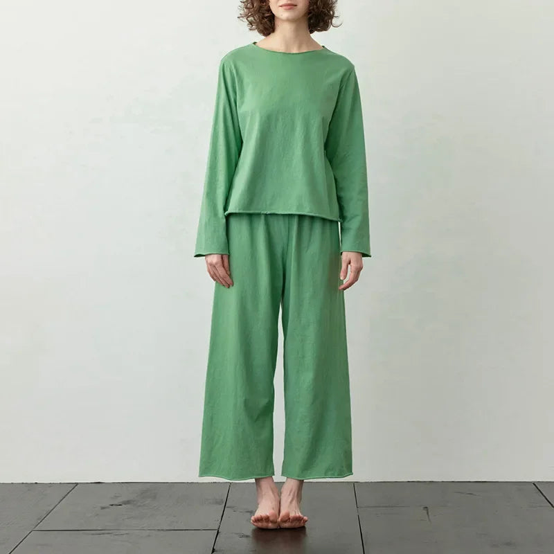 Women's Cotton Pajama Set with Long-Sleeve Round-Neck Top and Full-Length Matching Pants