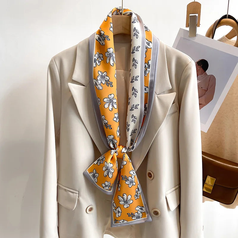 Printed Long Narrow Scarf with Decorative Ribbon Shape
