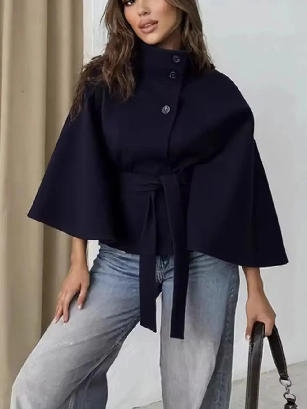 Belted Stand Collar Cape for Layering over Outfits